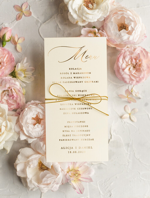  glamour menu ślubne z planem posiłków, eleganckie zlocone litery wasza treść, eleganckie menu na stół weselny