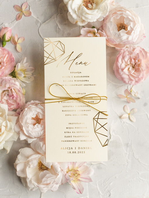  glamour menu weselne karta dań weselnych, złote i eleganckie na klasyczne wesele