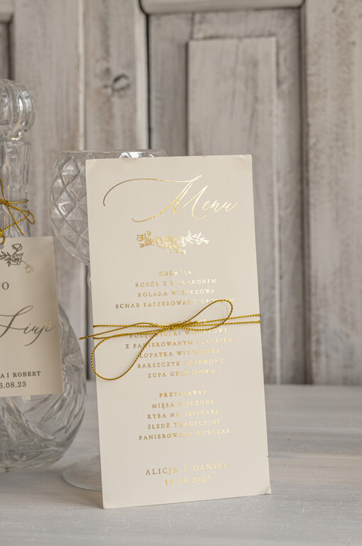  glamour weselne menu karta dań weselnych, złote i eleganckie menu weselne na klasyczne wesele, rozkład podawania dań na weselu, dowolna treść menu weselnego