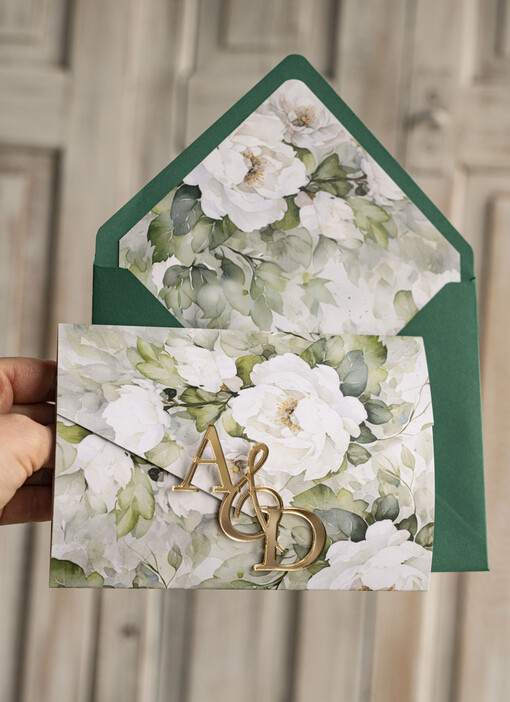  próbki zaproszeń Próbka Poziome złote zaproszenia ślubne z lustrzanym monogramem, Kopertowe biało zielone zaproszenie na ślub złocone, zaproszenia na slub cywilny peonie 