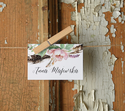  Boho/etno/pióra winietki ślubne wizytówki dla gości weselnych