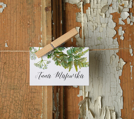  Boho/etno/pióra rustykalne ślubne wizytówki na stół  z paprotką winietki na stół weselny   