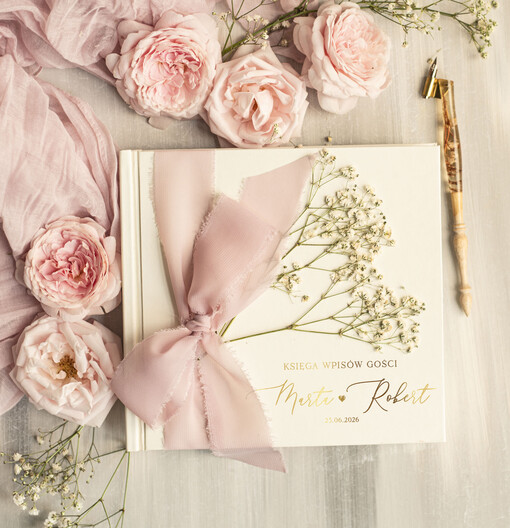  Boho/etno/pióra Księga wpisów gości z gipsówką na zdjęcia z instaxa, ksiega pamiątkowa na wpisy gości weselnych i zdjęcia z fotobudki 