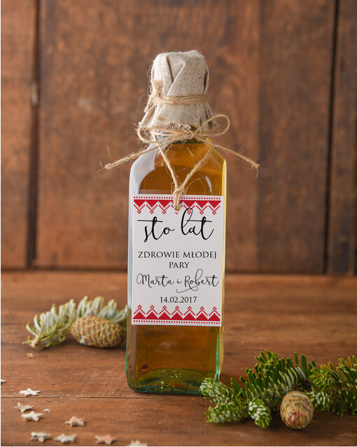  boho/etno/pióra etykieta na wódkę weselną, boho dowolna tresc