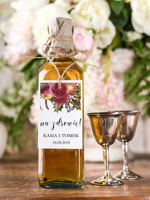  boho/etno/pióra etykieta na alkohol weselny, boho wasza tresc