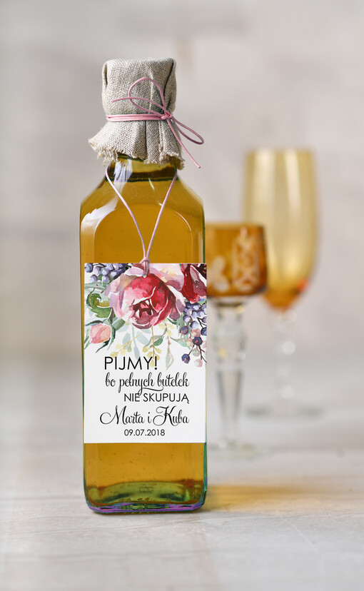  boho/etno/pióra etykieta na alkohol weselny, boho dowolne tresci