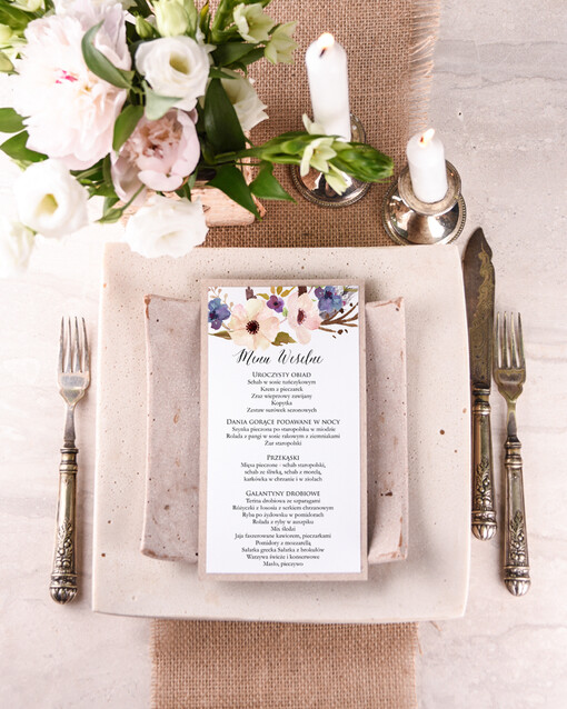  boho karta dań weselnych menu weselne plan podawania posiłków, boho kwiaty wasze imiona