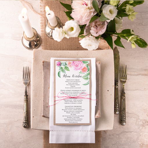  boho ślubne menu z planem podawania dań wesenych, boho kwiaty wasze imiona