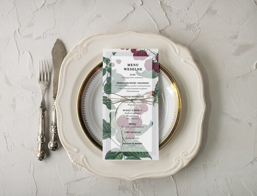  botaniczne podróżnicze  ślubne menu z planem podawania dań wesenych, eleganckie na klasyczne wesele