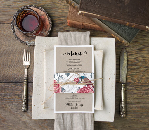  botaniczne podróżnicze  karta dań weselnych menu weselne plan podawania posiłków, eleganckie na klasyczne wesele