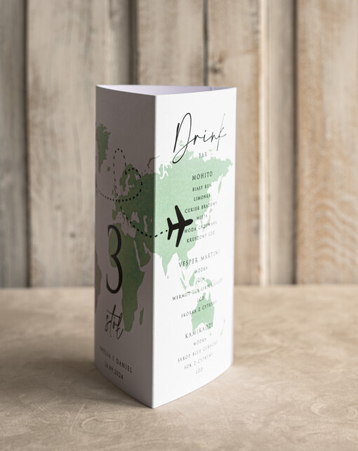 botaniczne podróżnicze  menu ślubne z planem posiłków, numer stołu i menu w jednym, karta drinków na weselu, menu weselne z mapą świata, ozdoba na stoły weselne 