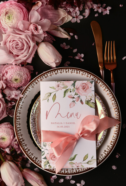  botaniczne podróżnicze  ślubne menu z planem podawania dań wesenych, vintage wasz tekst