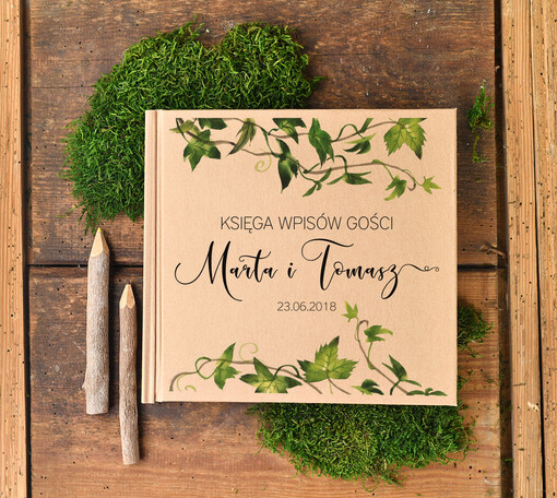  botaniczne ksiega pamiątkowa na wpisy gości weselnych, w stylu rustykalnym wasze imiona i treść