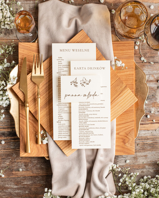  rustykalne zestaw menu i winietka, karta dań weselnych menu weselne plan podawania posiłków, menu weselne z gipsówką 