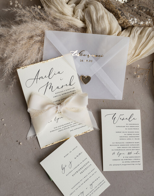  Minimalistyczne Złocone Zaproszenia Ślubne Minimalistyczne Zaproszenia na Ślub Eleganckie, Kremowe złote Zaproszenia Ślubne z szyfonową wstążką Minimalistyczne Zaproszenia na Ślub Eleganckie