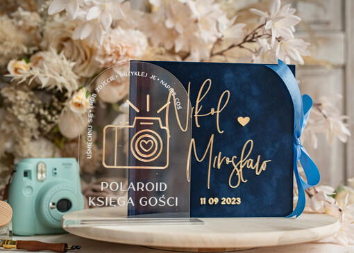  welurowe granatowa elegancka księga gości i album na zdjęcia w jednym, album na życzenia i zdjęcia z fotobudki, pamiątkowa welurowa księga wpisów gości 