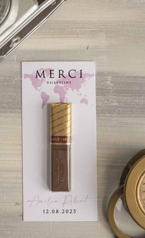  Czekoladki podziękowania dla gości po weselu, czekoladki merci w podziękowaniu dla gości weselnych, podziękowania dla gości z mapą świata 