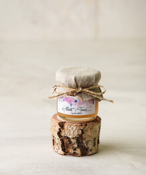  Miody i słoiczki Nutella podziękowania dla gości po weselu, miodek w słoiczku