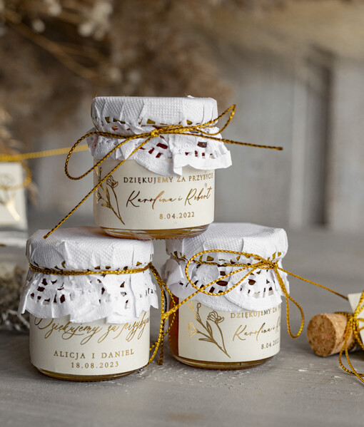  Miody i słoiczki Nutella słodkie podziękowania dla gości, małe miodziki pomysł na prezenty dla gości, słoiczki z miodem lub puste podziękowanie dla gości na weselu