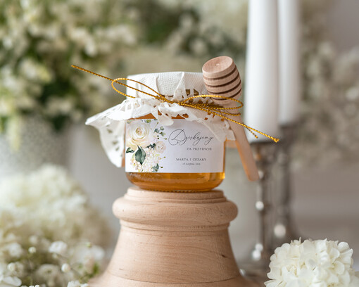  Miody i słoiczki Nutella upominki ślubne od pary młodej dla gości weselnych, mini sloiczki miodek z drewniana łyżeczka 