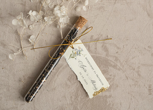  Fiolki podziękowania dla gości zdobione złotem, podziękowania dla gości po weselu, piękne podziękowania dla gości herbata, szklana fiolka z herbatką