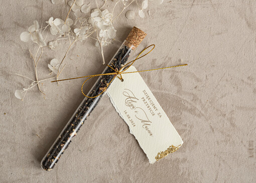  Fiolki podziękowania dla gości zdobione złotem, podziękowania dla gości po weselu, piękne podziękowania dla gości herbata, szklana fiolka z herbatką