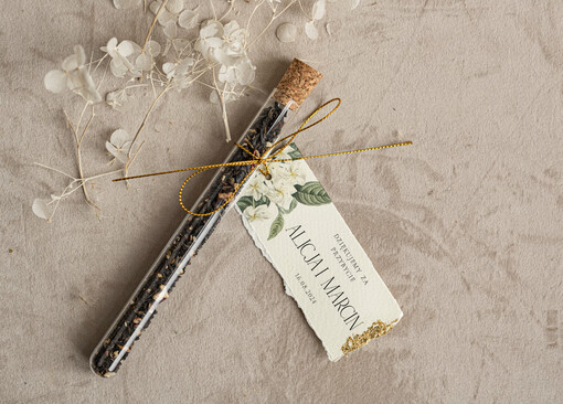  Fiolki złote podziękowania dla gości, podziękowania dla gości po weselu, piękne podziękowania dla gości herbata, szklana fiolka z herbatką