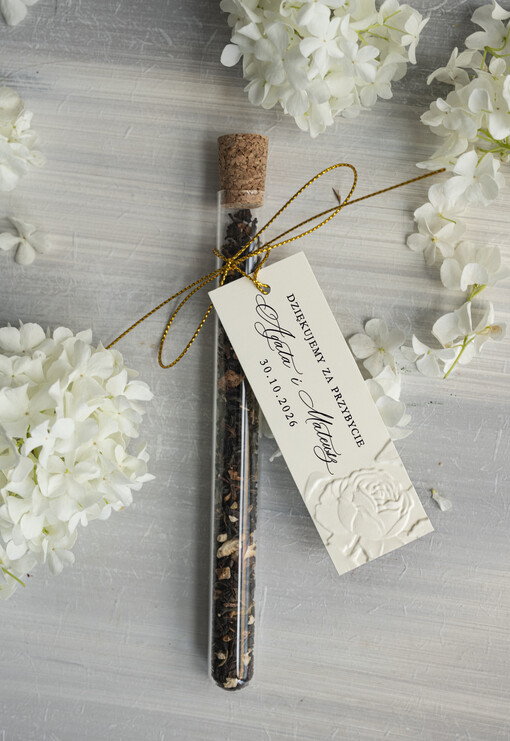  Fiolki złote podziękowanie dla gości weselnych, piękne podziękowania dla gości fiolka z herbata, szklana fiolka z herbatką lub kawą, tłoczone liście na karteczce