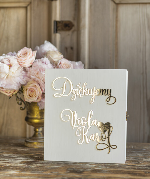  glamour  ślubna biała skrzynka na koperty błyszczące złote litery kopertówka z waszymi imionami