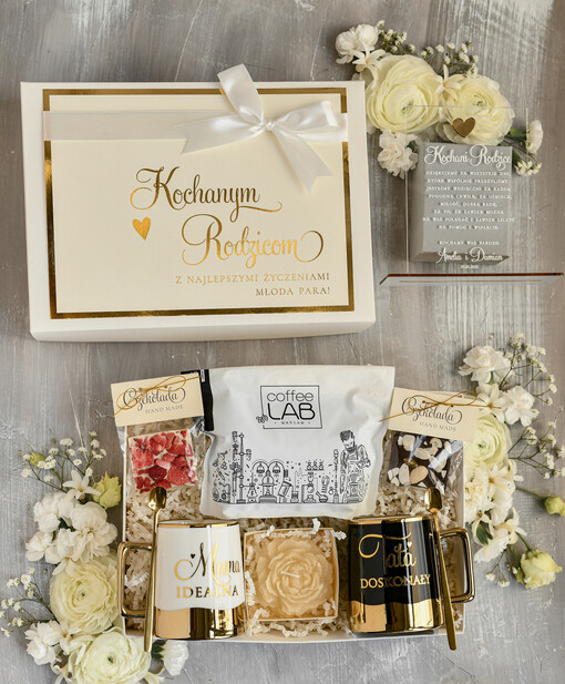 Prezenty, Podziękowania dla Rodziców zestawy prezentowe kubki filiżanki Ślubne Podziękowania dla Rodziców, zestaw prezentowy kubki dla Rodziców od Młodej Pary, Box presonalizowana statuetka podziękowania 