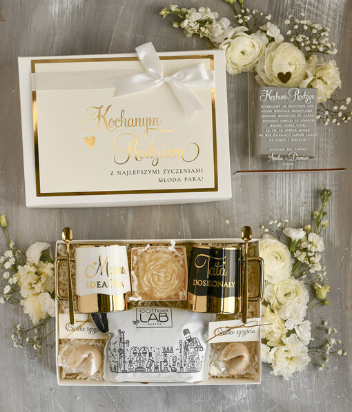 Prezenty, Podziękowania dla Rodziców zestawy prezentowe kubki filiżanki Ślubne Podziękowania dla Rodziców, zestaw prezentowy kubki dla Rodziców od Młodej Pary, Box presonalizowana statuetka podziękowania 