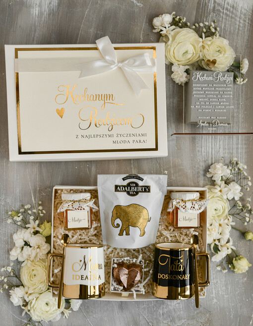 Prezenty, Podziękowania dla Rodziców zestawy prezentowe kubki filiżanki Ślubne Podziękowania dla Rodziców, zestaw prezentowy kubki dla Rodziców od Młodej Pary, Box presonalizowana statuetka podziękowania 