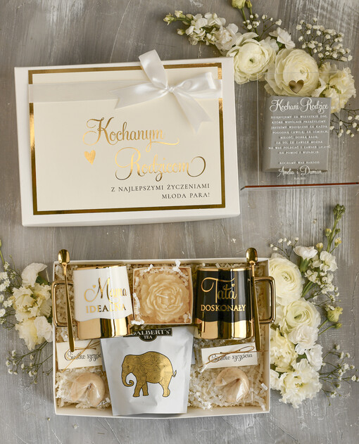 Prezenty, Podziękowania dla Rodziców zestawy prezentowe kubki filiżanki Ślubne Podziękowania dla Rodziców, zestaw prezentowy kubki dla Rodziców od Młodej Pary, Box presonalizowana statuetka podziękowania 