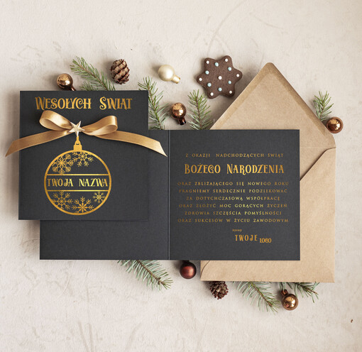  Kokardki  Złocone kartki na święta z logo firmy, świąteczna kartka biznesowa z kokardką i złotymi napisami, nowoczesna firmowa kartka bożonarodzeniowa