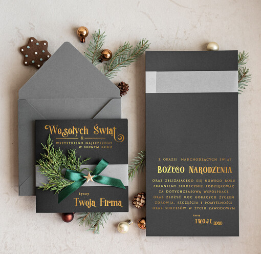  Kokardki  Złocone kartki na święta z logo firmy, świąteczna kartka biznesowa z kokardką i złotymi napisami, nowoczesna firmowa kartka bożonarodzeniowa