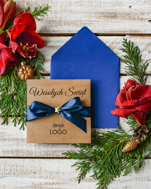  Kokardki  firmowe kartki swiateczne z logo składane bożonarodzeniowe kartki z kokardką, kartki swiateczne z logo firmy, świąteczne kartki ze wstążką
