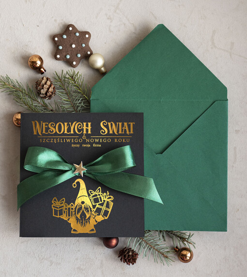  Kokardki  Złocone kartki na święta z logo firmy, świąteczna kartka biznesowa z kokardką i złotą grafiką, nowoczesna firmowa kartka bożonarodzeniowa