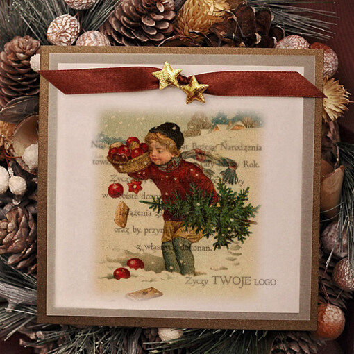  retro firmowe kartki swiateczne z logo, retro ze sznurkiem i wstążką