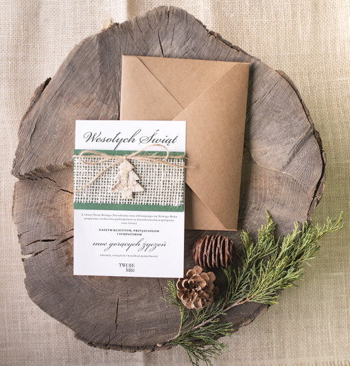  natural kartka swiateczna z twoim logo, naturalne z drewnianą zawieszką