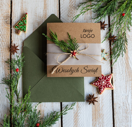  natural Biznesowa kartka swiateczna z logo firmy, naturalne z drewnianą zawieszką