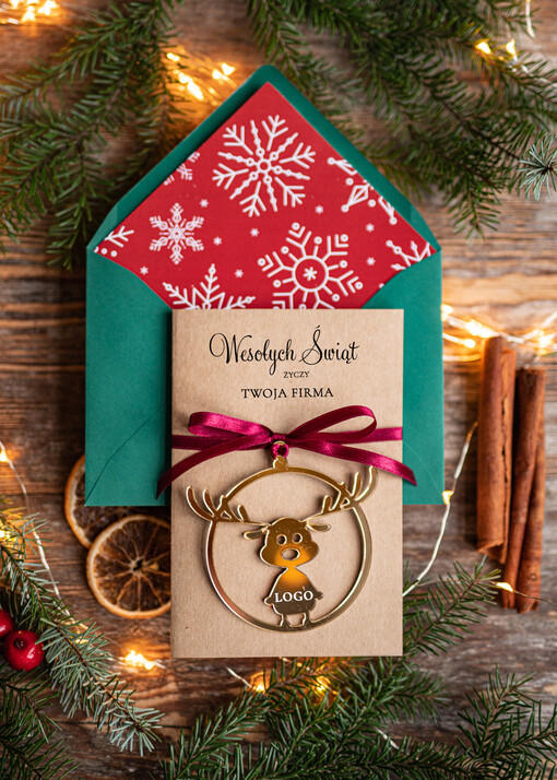  z magnesem lub zawieszką na choinkę kartki świąteczne dla firm Złota bombka zawieszka na choinke z Logo firmy świateczna kartka firmowa rudolf