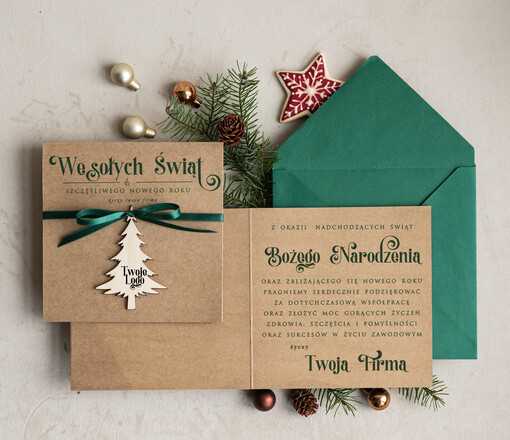  z magnesem lub zawieszką na choinkę bożonarodzeniowa kartka świateczna dla Firm, kartki swiateczne z logo twojej firmy, biznesowa kartka świąteczna z zawieszką na choinkę