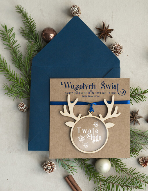  z magnesem lub zawieszką na choinkę Bombka reniferek zawieszka na choinkę i  kartka świateczna dla Firm, kartki swiateczne z logo, biznesowa kartka