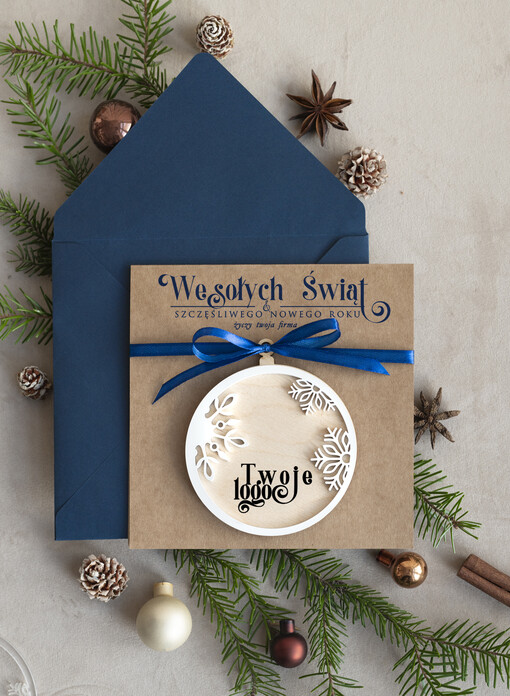 z magnesem lub zawieszką na choinkę Bombka snieżynka zawieszka na choinkę i  kartka świateczna dla Firm, kartki swiateczne z logo, biznesowa kartka