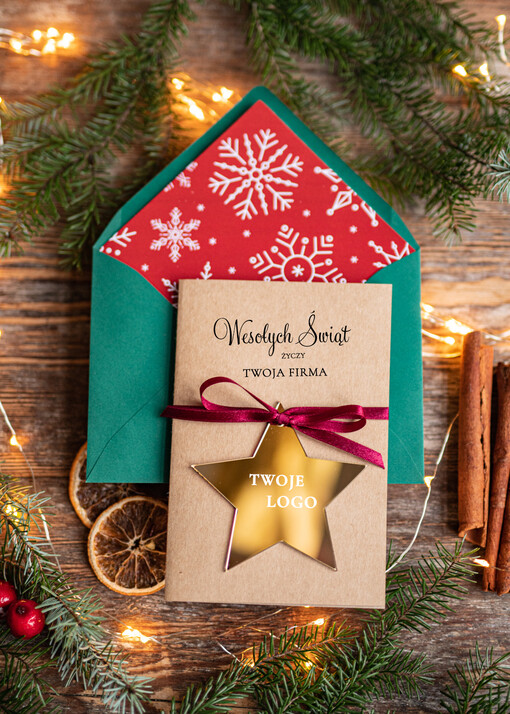  z magnesem lub zawieszką na choinkę kartki świąteczne dla firm Złota bombka zawieszka na choinke z Logo firmy świateczna kartka firmowa choinka