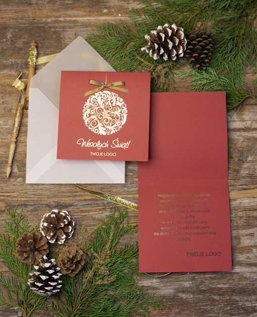  złocone złote kartki świąteczne z logo twojej firmy, złote napisy na kartce świątecznej