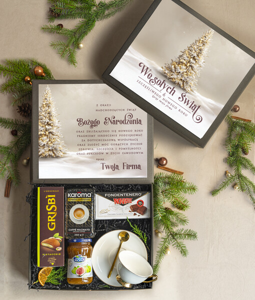 kubki, filiżanki, kubki termiczne  kosz prezentowy premium z filiżanką dla firm, prezent biznesowy włoskie smaki, upominki na święta dla pracowników Gusto Italiano