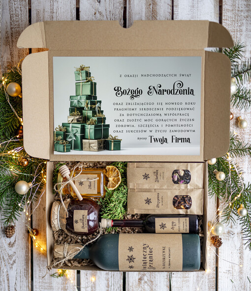  zestawy na rozgrzewkę Oryginalne prezenty świąteczne dla pracowników, kosz prezentowy  z logo upominek świąteczny dla  klientów biznesowych, świąteczne boxy prezentowe