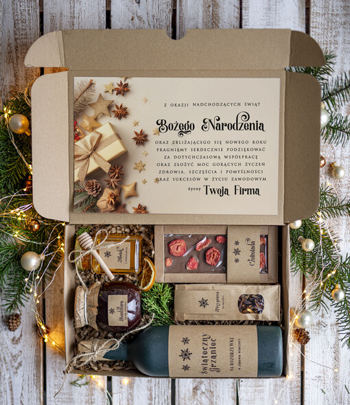  zestawy na rozgrzewkę Oryginalne prezenty świąteczne dla pracowników, kosz prezentowy  z logo upominek świąteczny dla  klientów biznesowych, świąteczne boxy prezentowe