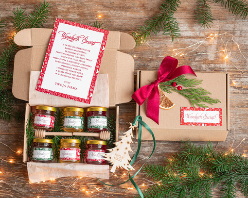  słodkie zestawy  prezenty świąteczne dla firm miodek, Upominki biznesowe z logo, Paczki świateczne dla Pracowników z Logo 